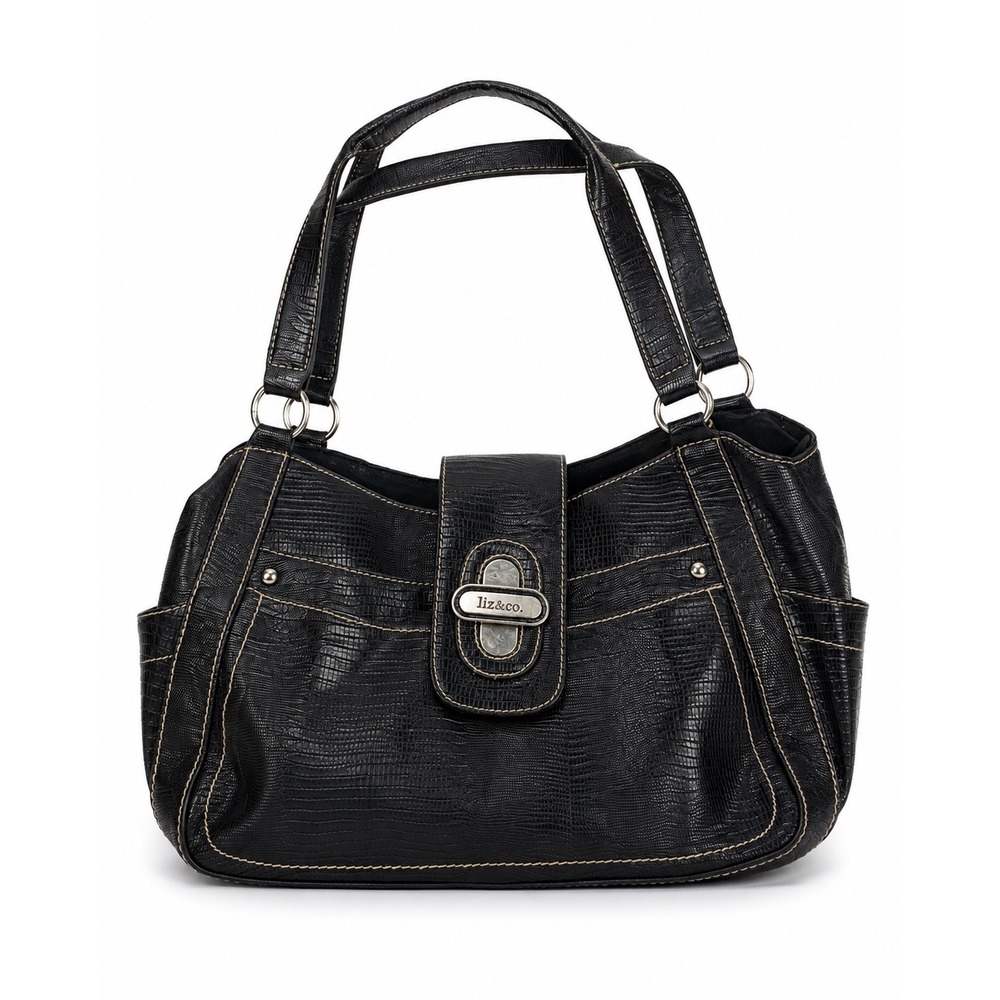 Liz & Co Vintage Y2K Black Leather Shoulder Bag Purse Textured Hobo Tote